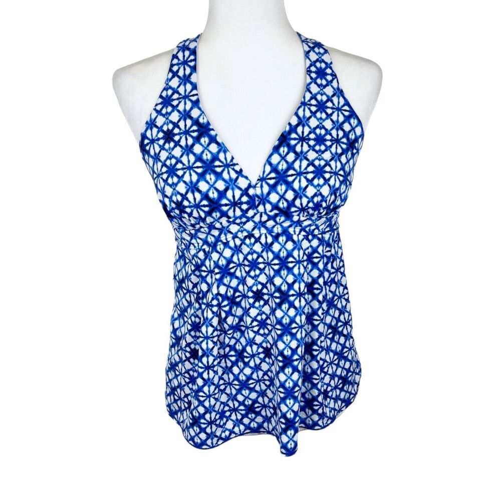 Lands' End Tankini Women 6 Blue White Floral Padded Halter Swim Beach